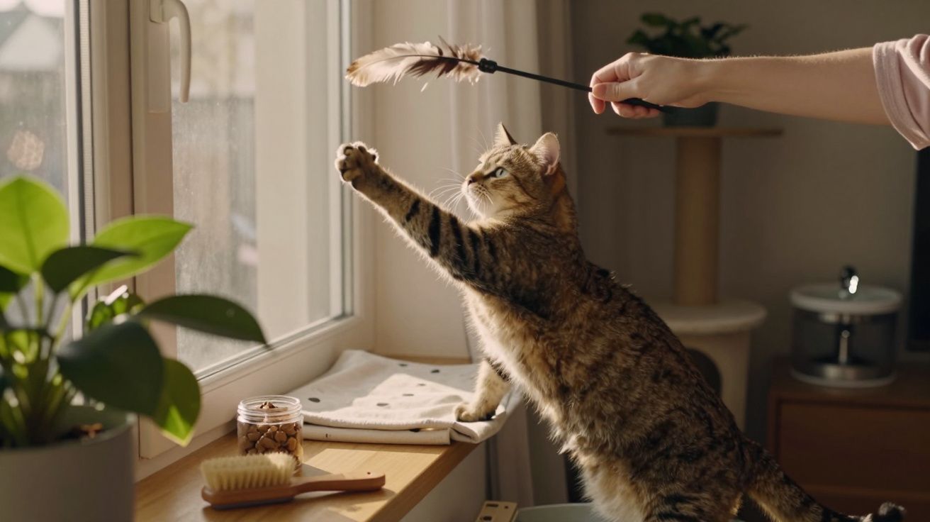 Gato tigrado em pé numa janela, tentando pegar uma pena que alguém segura num pau, com plantas e escova ao lado.