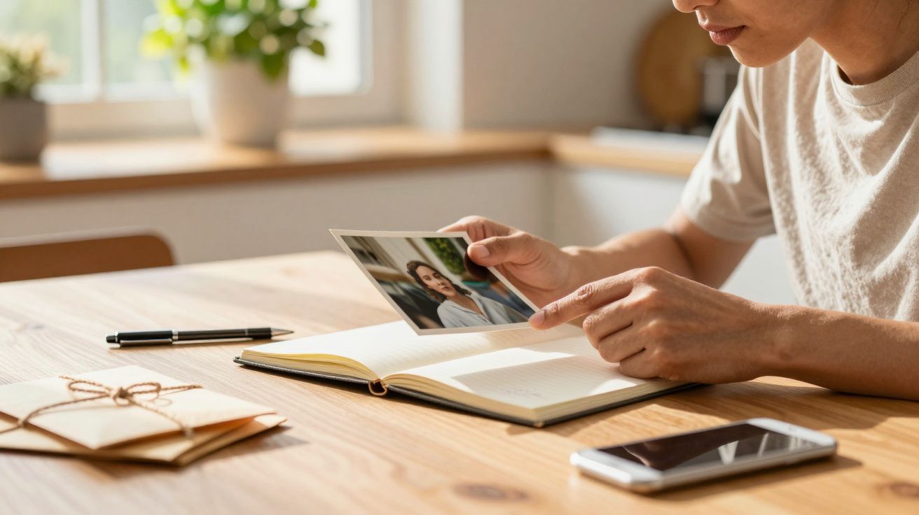 Pessoa segura fotografia enquanto folheia álbum numa mesa de madeira, com telemóvel e cartas ao lado.