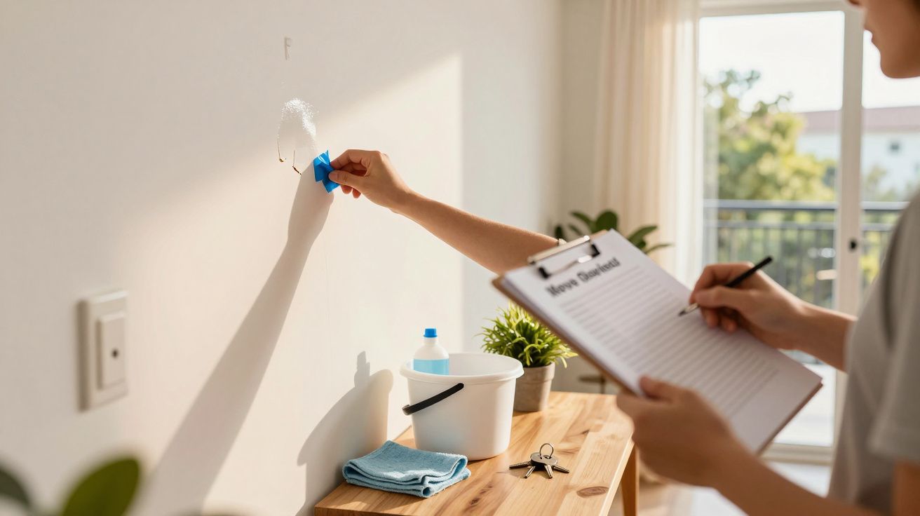 Pessoa repara buraco na parede com massa corrida; outra anota num bloco. Mesa com balde, spray e pano ao lado.