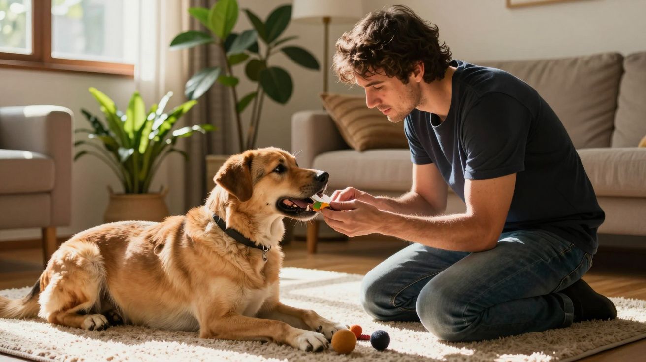 Homem a jogar com um cão numa sala iluminada, com plantas e sofá ao fundo.