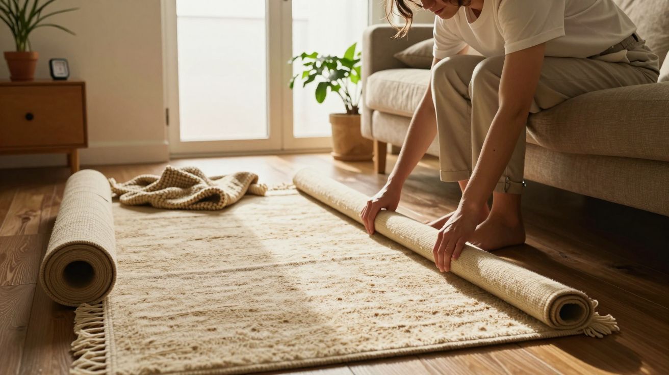 Pessoa enrola um tapete bege numa sala iluminada, com sofá, planta e móveis de madeira ao fundo.