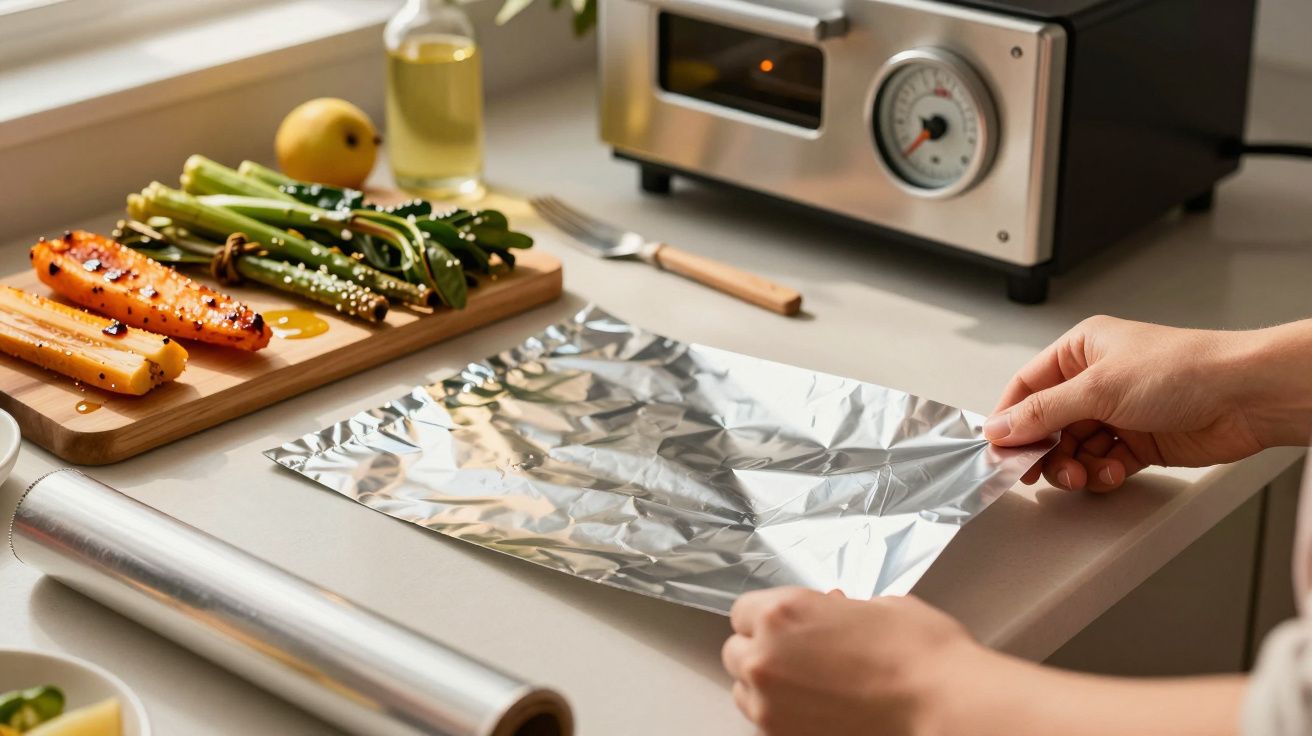 Pessoa a preparar folha de alumínio na bancada da cozinha, com legumes cortados ao lado.