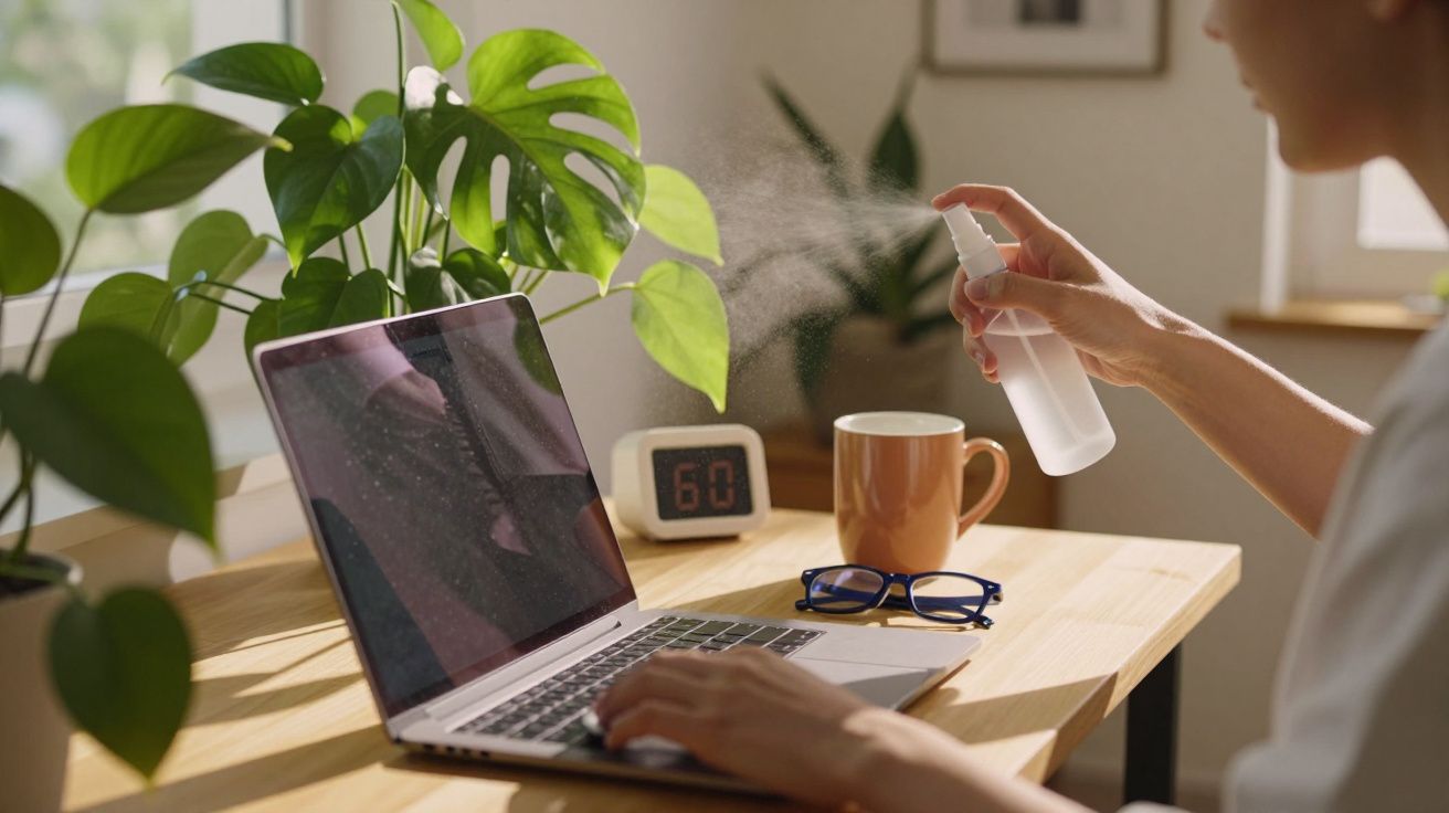 Pessoa a trabalhar em laptop numa mesa com plantas, óculos, caneca e relógio. Pulveriza um líquido no ar.